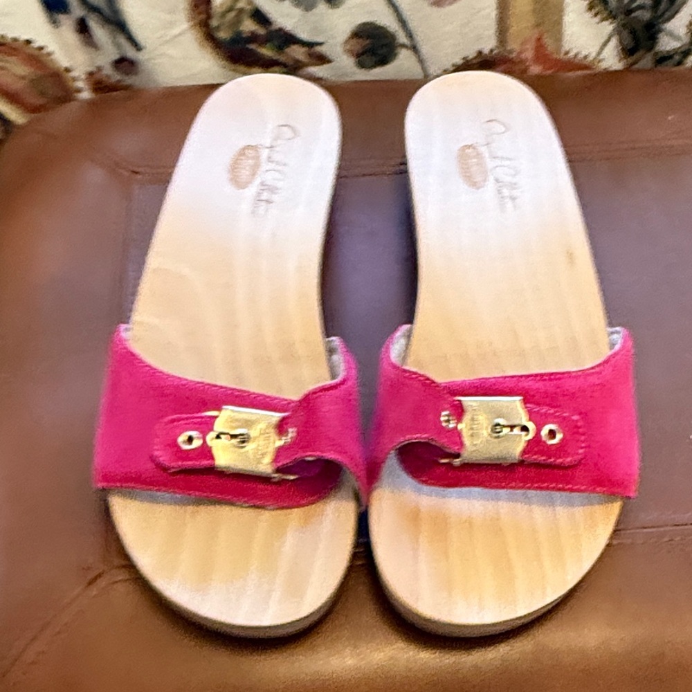 Dr. Scholl's Hot Pink Suede Slide Sandals with Gold Buckle